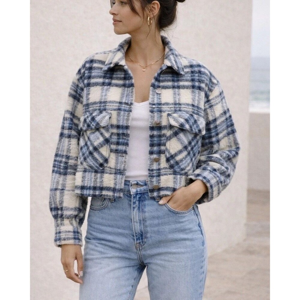 Zara Plaid Cropped Jacket Shacket Blue/Cream Button Front Size S
